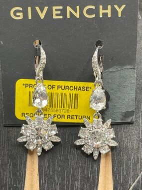Givenchy Silver Clear Crystal Floral Drop Earrings